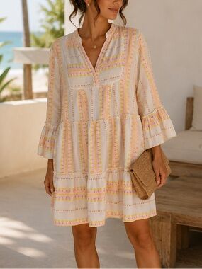 Guadalupe Cotton Mini Dress Small Boho Resort Beach Tiered Embroidered